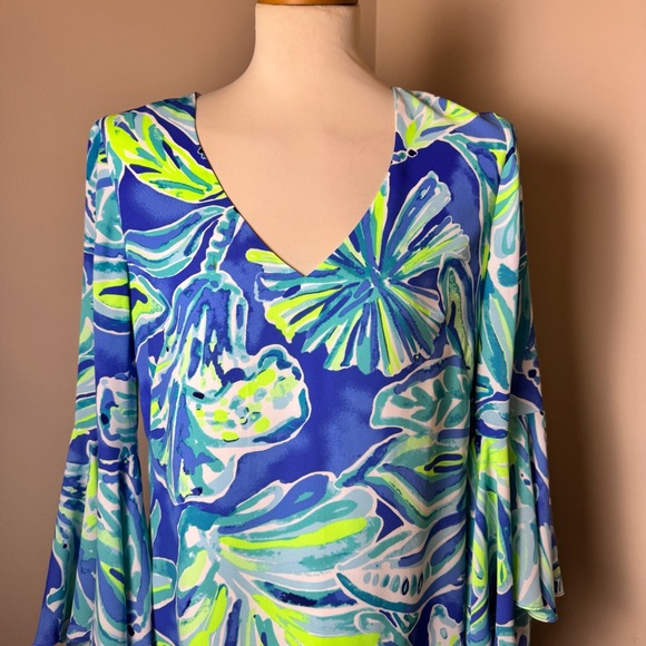 LILLY PULITZER Floral Tropical Print Long Sleeve Midi Dress BLUE / SIZE 8 - Picture 2 of 14